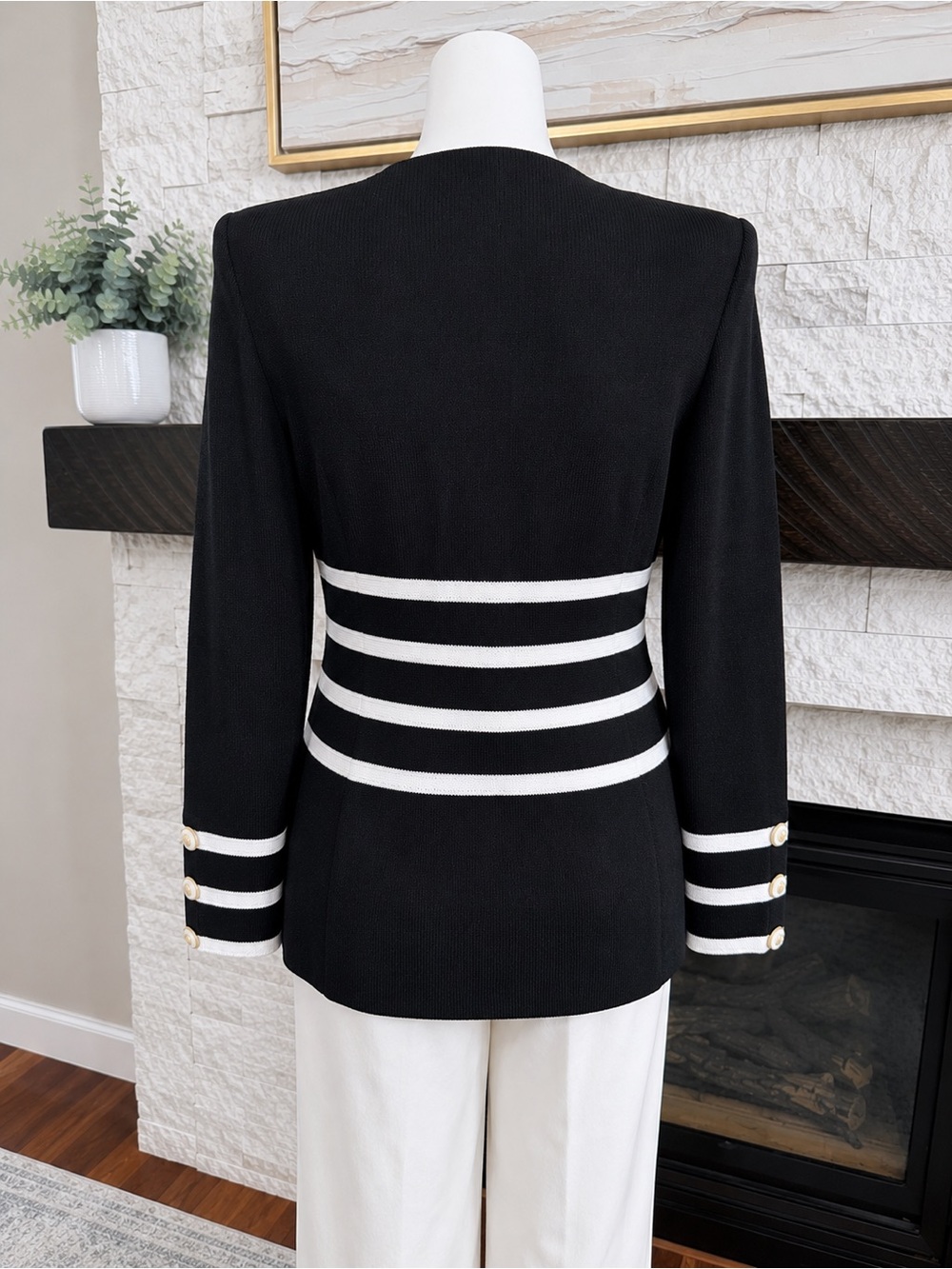 St. John Collection Santana Knit Striped Zip Jacket Black Ivory 4 - Picture 6 of 11